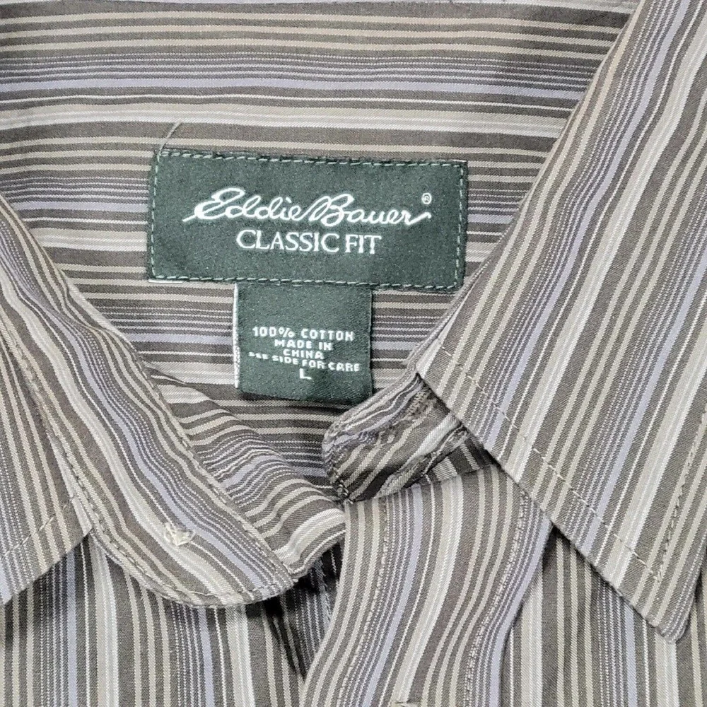 Eddie Bauer Classic Fit Button Up Shirt Mens L Gray Striped Long Sleeve Cotton - Picture 2 of 10